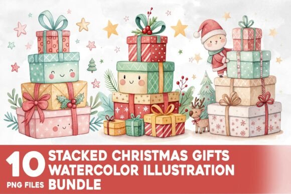 Download Stacked Christmas Gift Watercolor Bundle - Christmas gift watercolor Collection