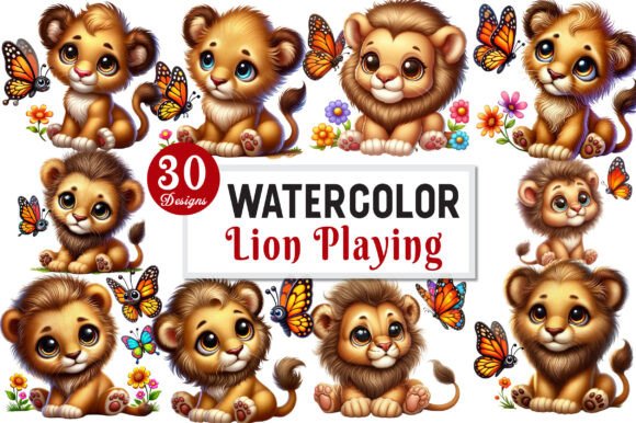Download Cute Lion Playing with Butterfly Clipart - Cute lion Collection